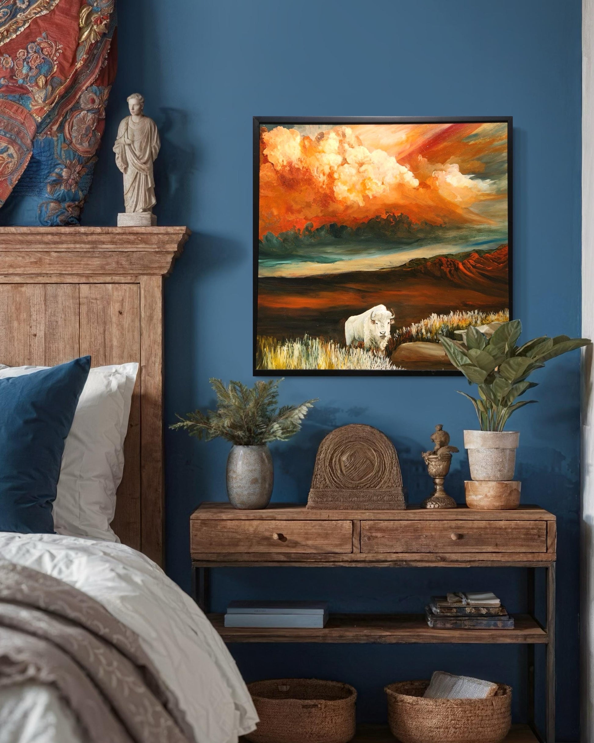 Original Oil Painting Print, Solitary White Buffalo Cresting Hill above the Prairie, Storm Clouds Burst over Mountains, Buffalo Roams Plains