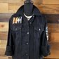 Black Denim Jacket, Jean Jacket, Western Outerwear, Upcycled Coat with Back Panel Patches, Wyeth Trail, Wool Patches, Cowgirl Gifts, Rodeo