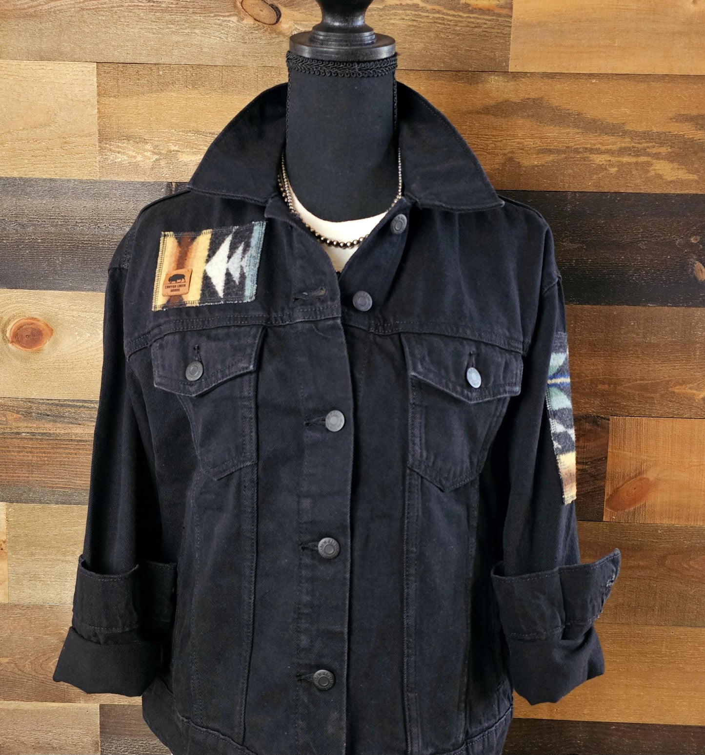 Black Denim Jacket, Jean Jacket, Western Outerwear, Upcycled Coat with Back Panel Patches, Wyeth Trail, Wool Patches, Cowgirl Gifts, Rodeo
