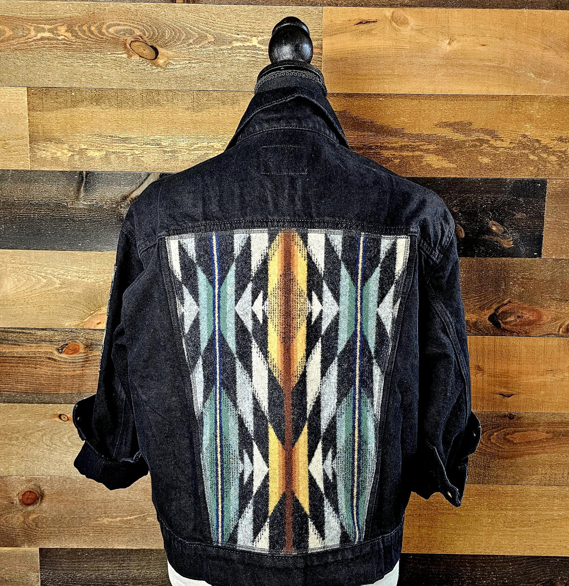 Black Denim Jacket, Jean Jacket, Western Outerwear, Upcycled Coat with Back Panel Patches, Wyeth Trail, Wool Patches, Cowgirl Gifts, Rodeo