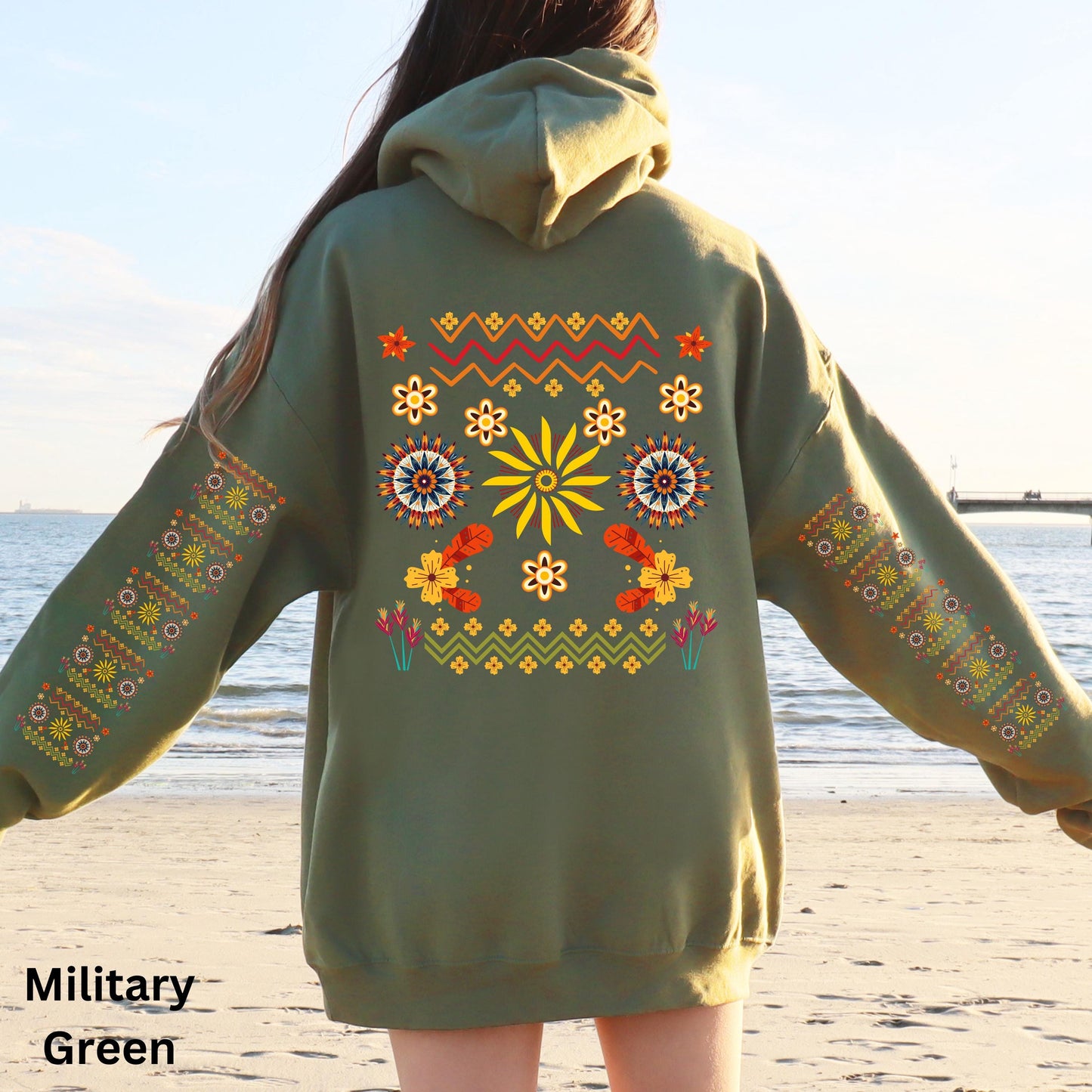 Ojibwe Floral Hoodie, Indigenous Tribal Flower Pattern Hooded Sweatshirt, Colorful Native American Clothing, Unisex Trendy Oversized Hoodie