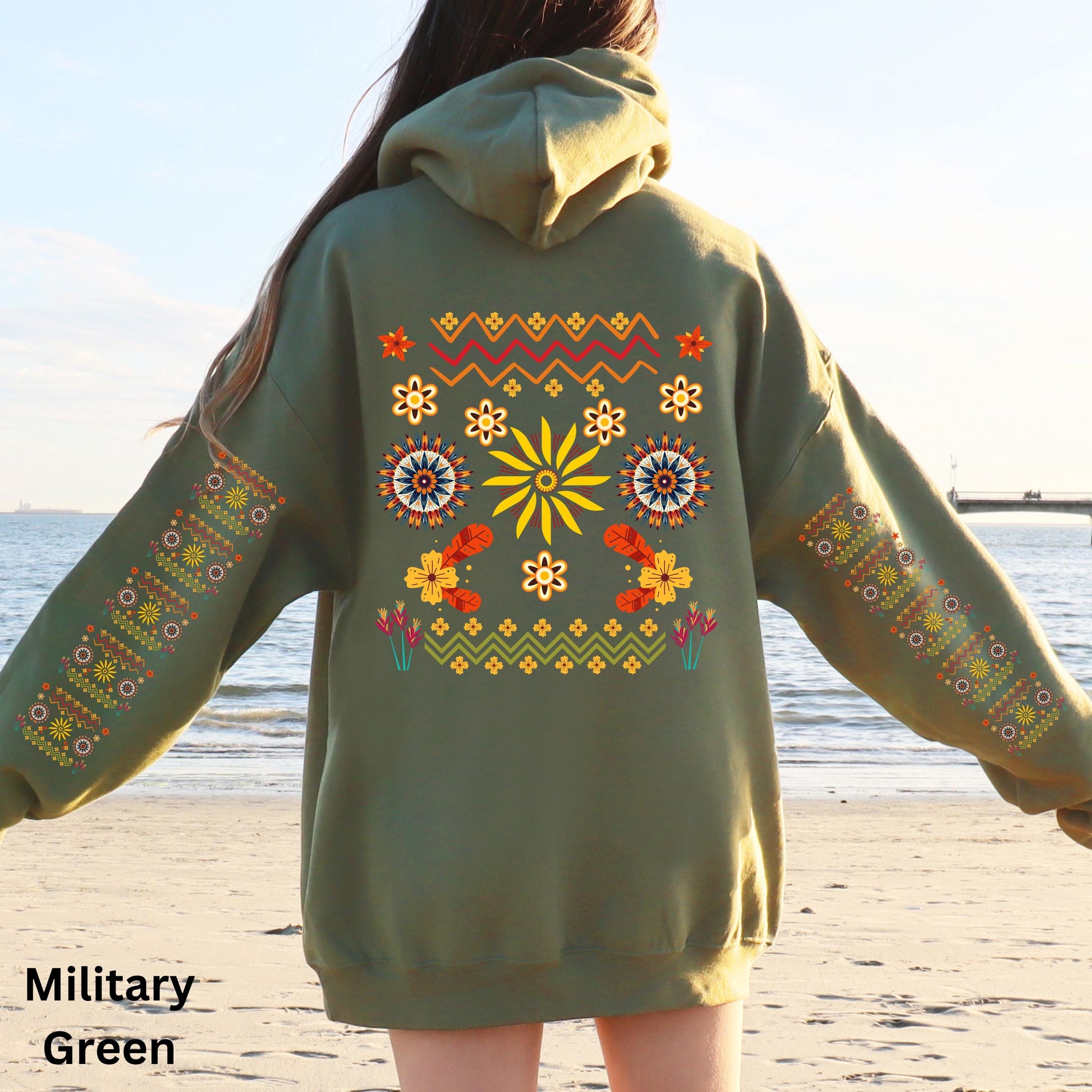 Ojibwe Floral Hoodie, Indigenous Tribal Flower Pattern Hooded Sweatshirt, Colorful Native American Clothing, Unisex Trendy Oversized Hoodie
