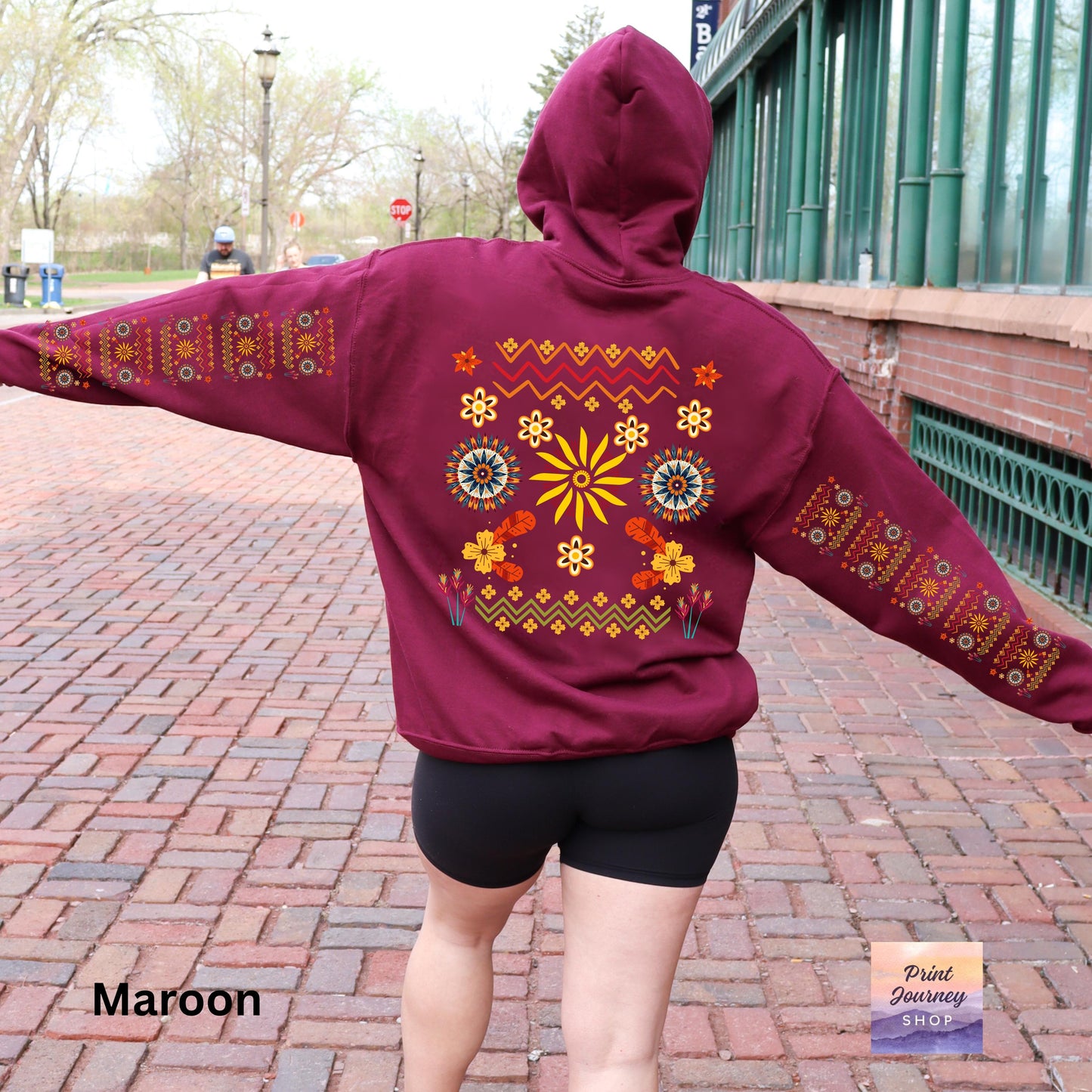 Ojibwe Floral Hoodie, Indigenous Tribal Flower Pattern Hooded Sweatshirt, Colorful Native American Clothing, Unisex Trendy Oversized Hoodie