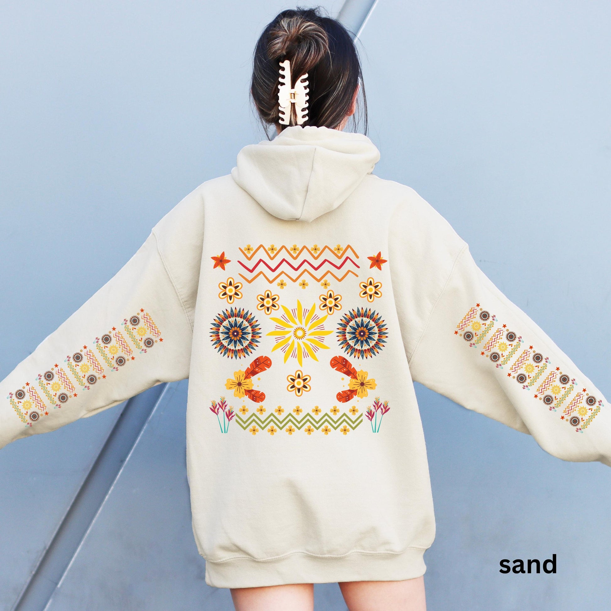 Ojibwe Floral Hoodie, Indigenous Tribal Flower Pattern Hooded Sweatshirt, Colorful Native American Clothing, Unisex Trendy Oversized Hoodie
