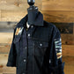 Black Denim Jacket, Jean Jacket, Western Outerwear, Upcycled Coat with Back Panel Patches, Wyeth Trail, Wool Patches, Cowgirl Gifts, Rodeo
