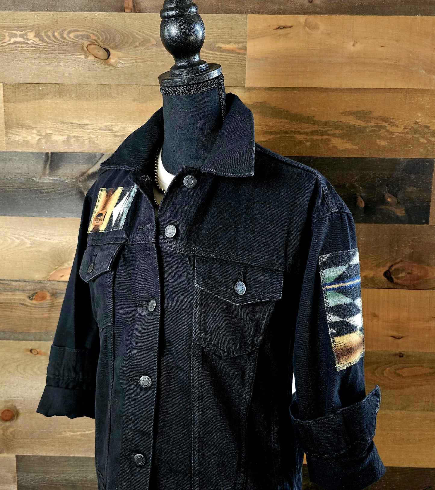 Black Denim Jacket, Jean Jacket, Western Outerwear, Upcycled Coat with Back Panel Patches, Wyeth Trail, Wool Patches, Cowgirl Gifts, Rodeo