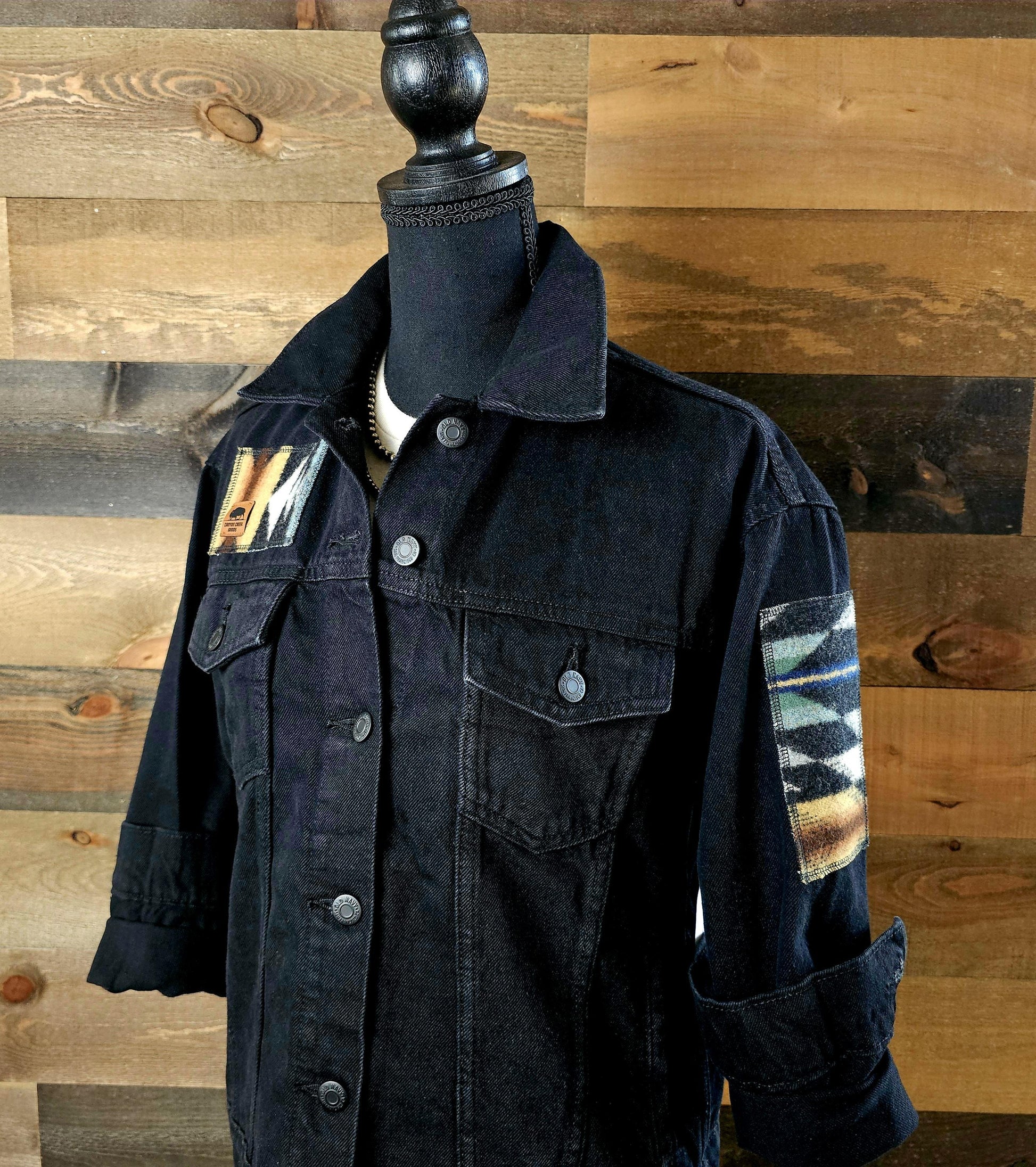 Black Denim Jacket, Jean Jacket, Western Outerwear, Upcycled Coat with Back Panel Patches, Wyeth Trail, Wool Patches, Cowgirl Gifts, Rodeo