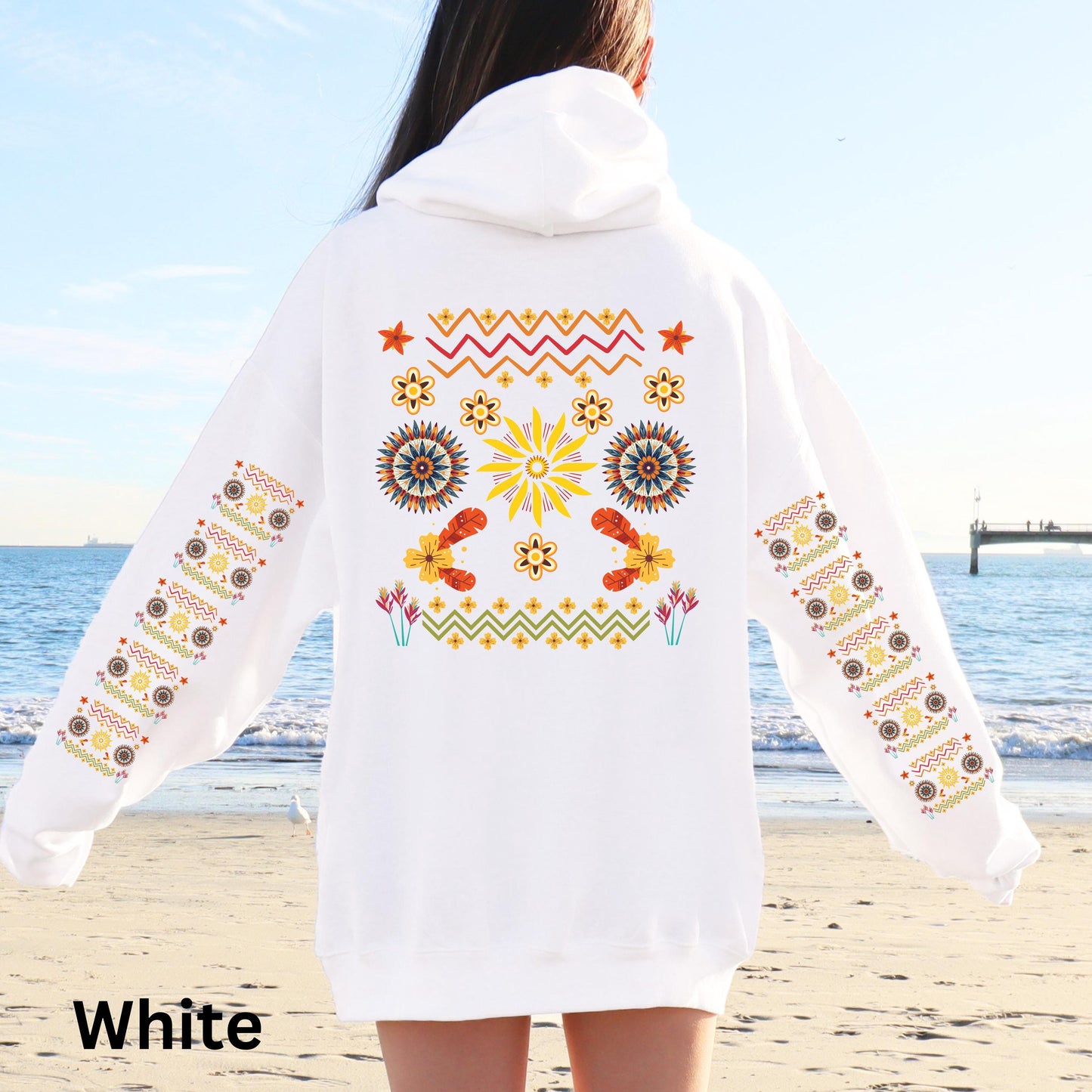 Ojibwe Floral Hoodie, Indigenous Tribal Flower Pattern Hooded Sweatshirt, Colorful Native American Clothing, Unisex Trendy Oversized Hoodie