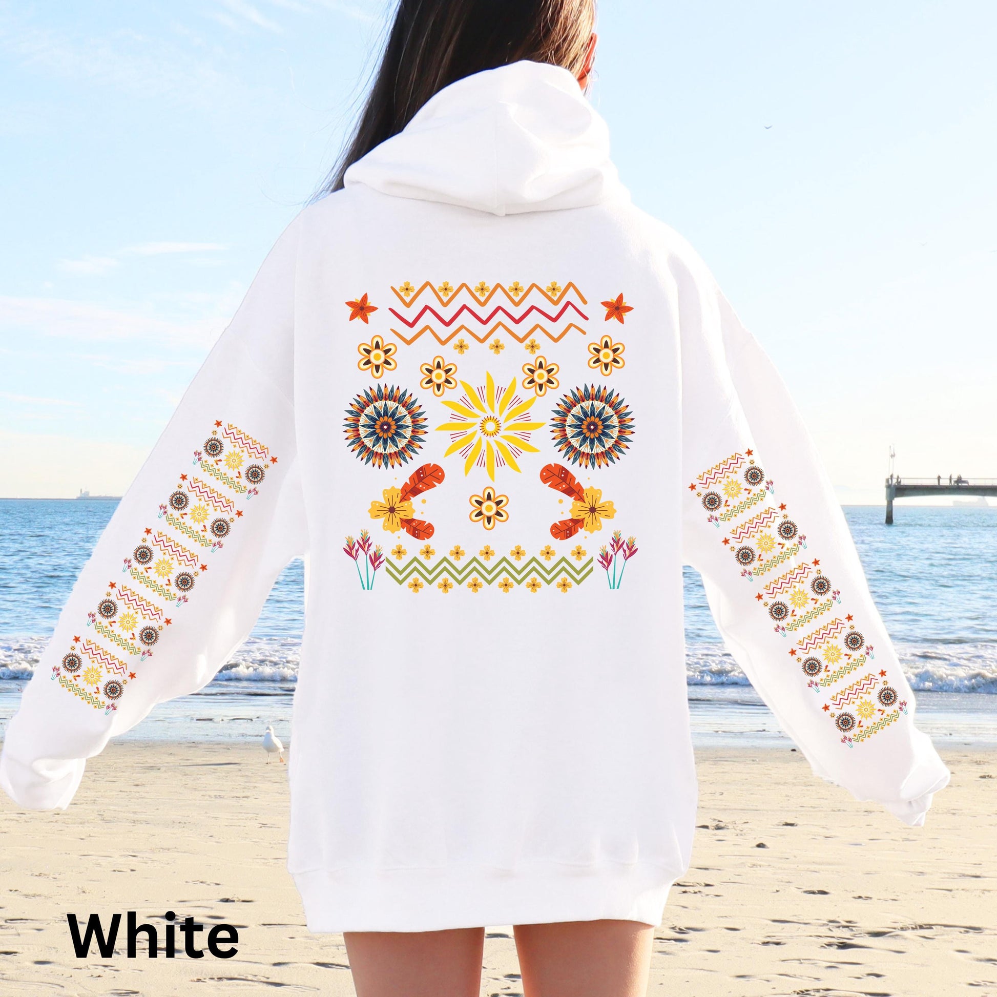 Ojibwe Floral Hoodie, Indigenous Tribal Flower Pattern Hooded Sweatshirt, Colorful Native American Clothing, Unisex Trendy Oversized Hoodie