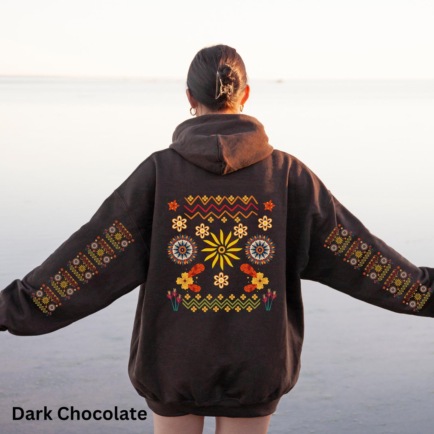 Ojibwe Floral Hoodie, Indigenous Tribal Flower Pattern Hooded Sweatshirt, Colorful Native American Clothing, Unisex Trendy Oversized Hoodie