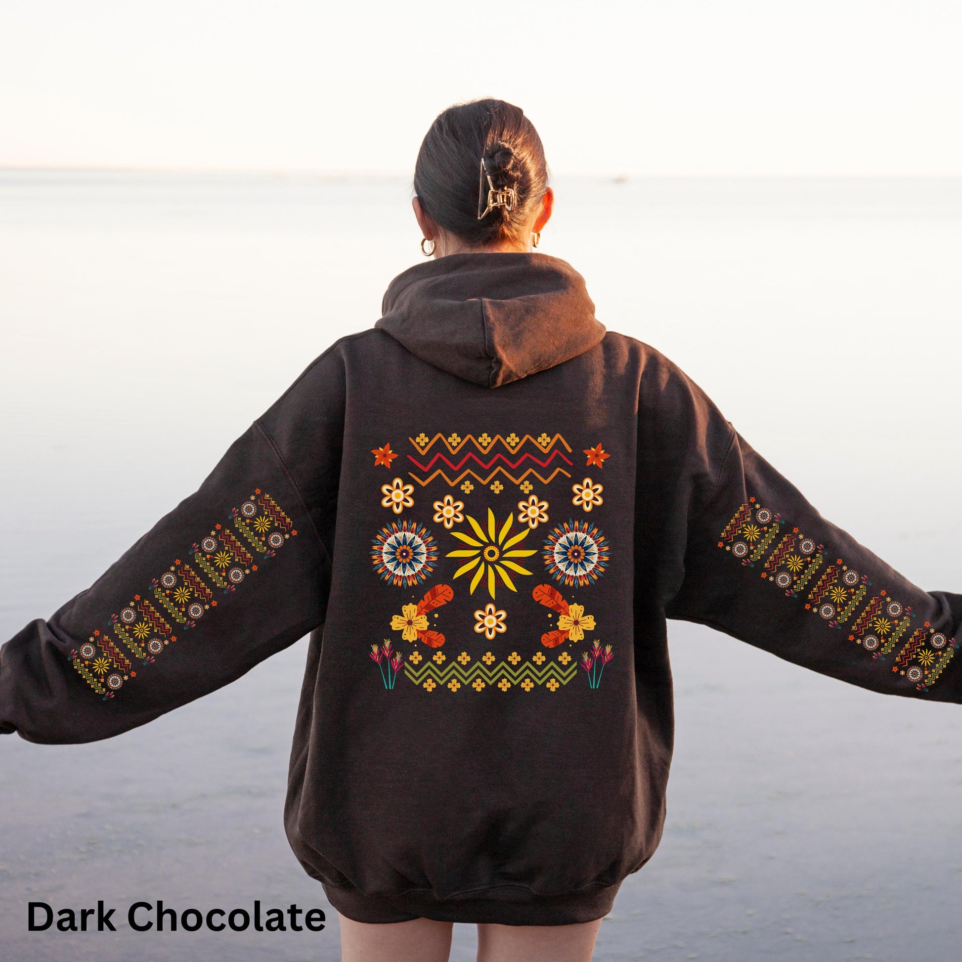 Ojibwe Floral Hoodie, Indigenous Tribal Flower Pattern Hooded Sweatshirt, Colorful Native American Clothing, Unisex Trendy Oversized Hoodie