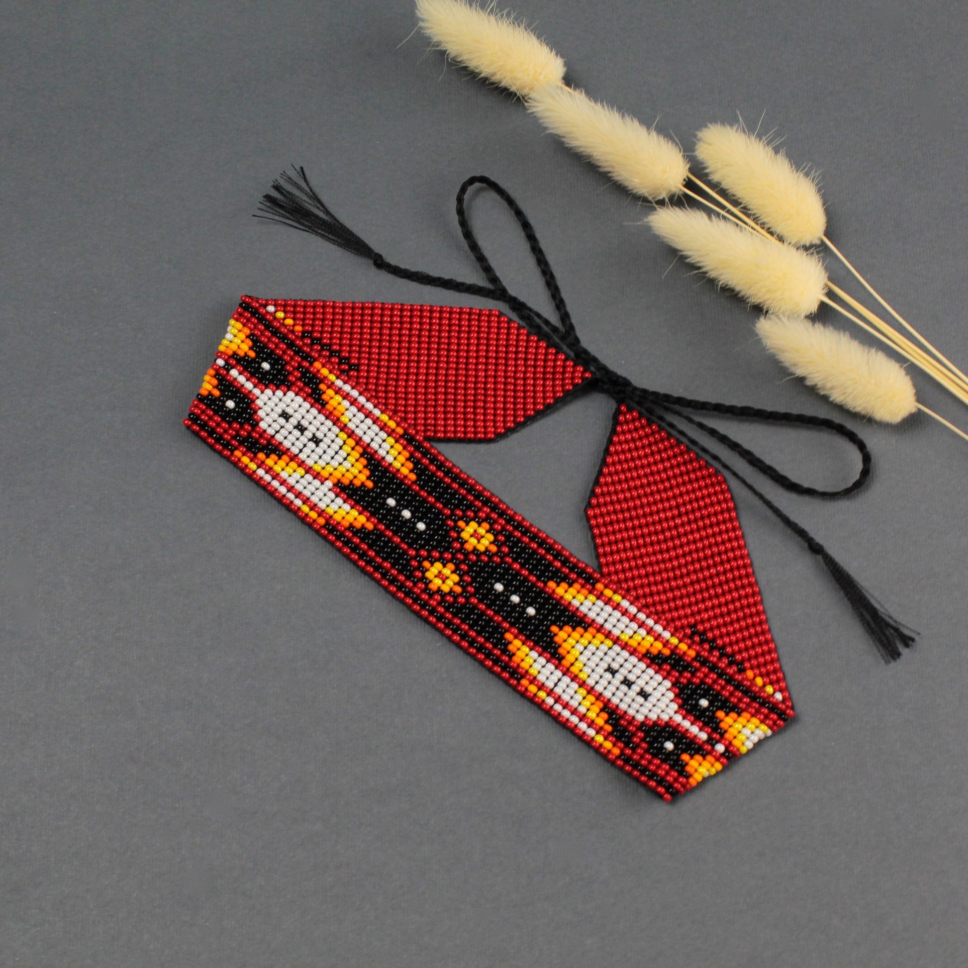 Red Beaded Choker Necklace: Feather Design, Czech Beads