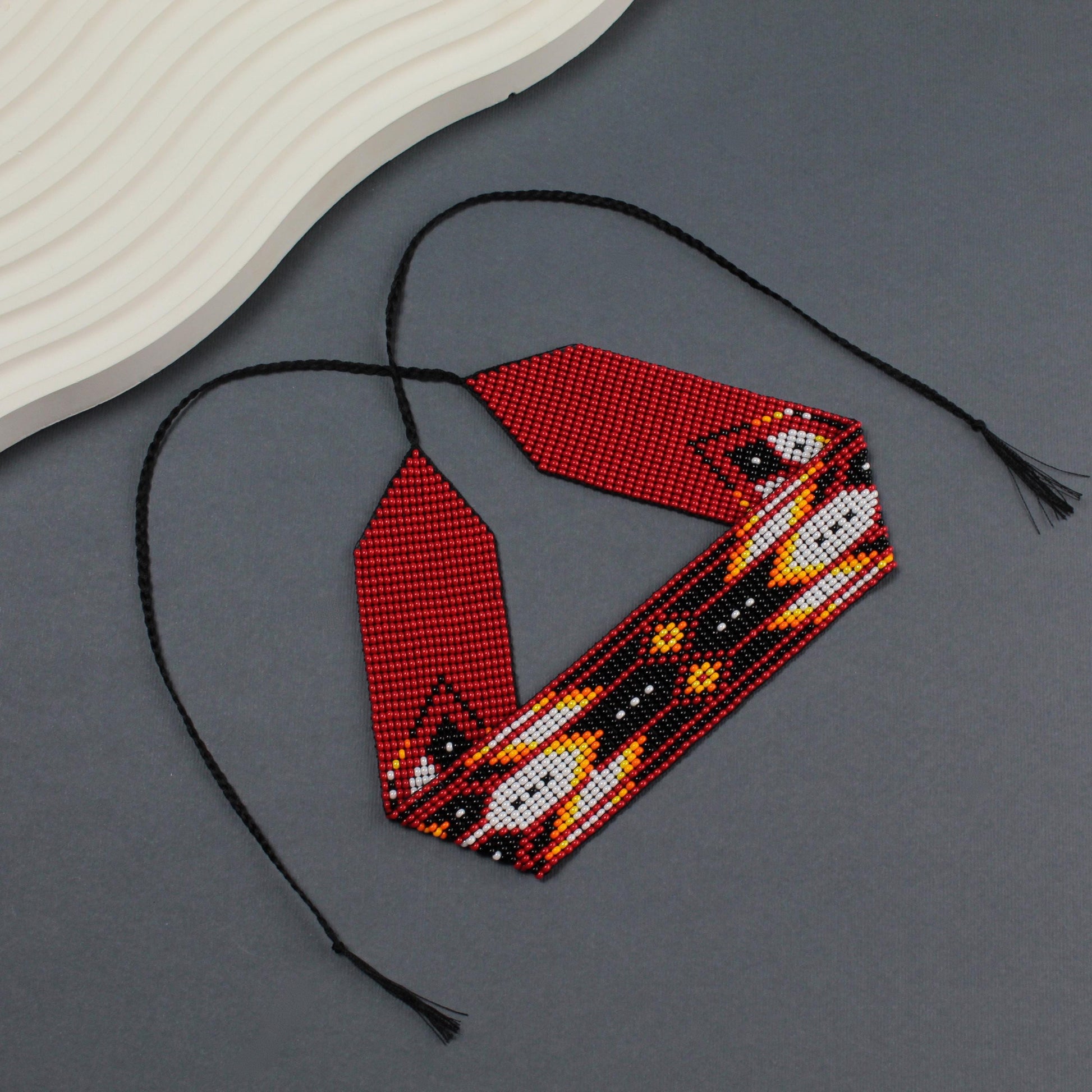 Red Beaded Choker Necklace: Feather Design, Czech Beads