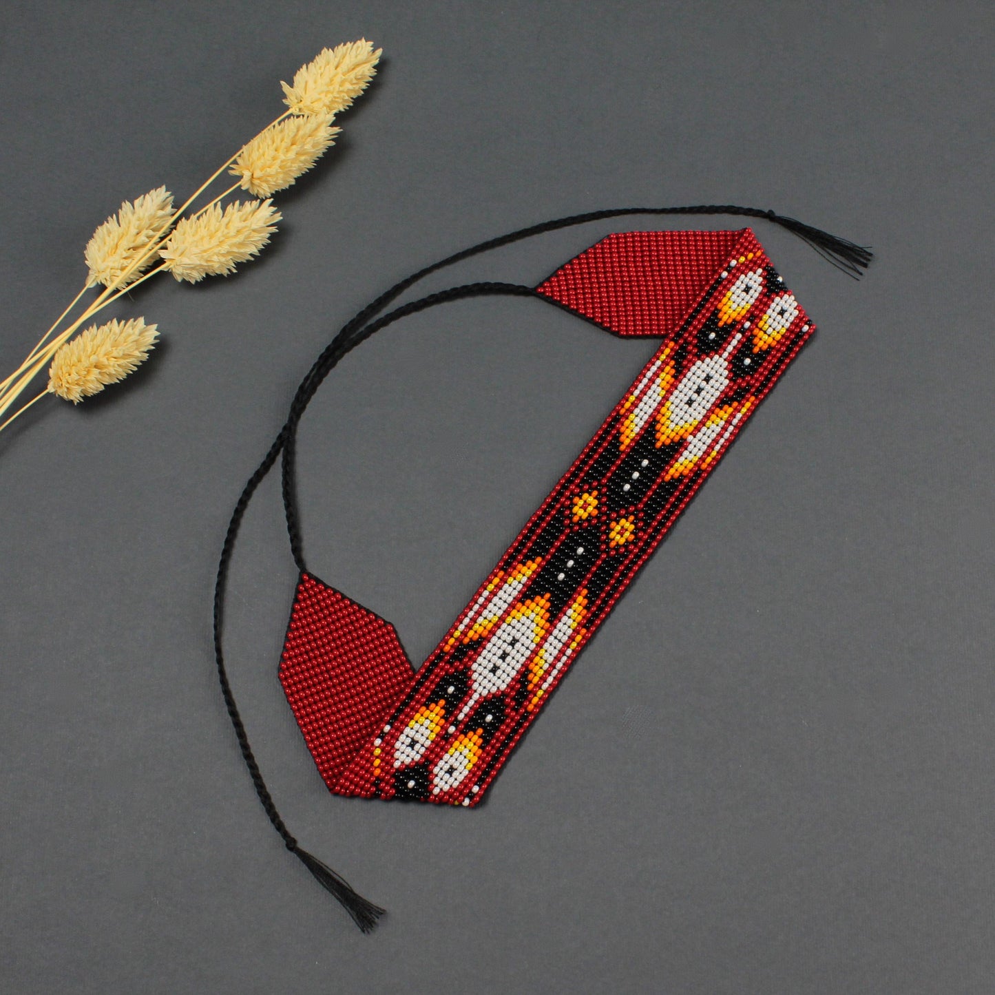 Red Beaded Choker Necklace: Feather Design, Czech Beads