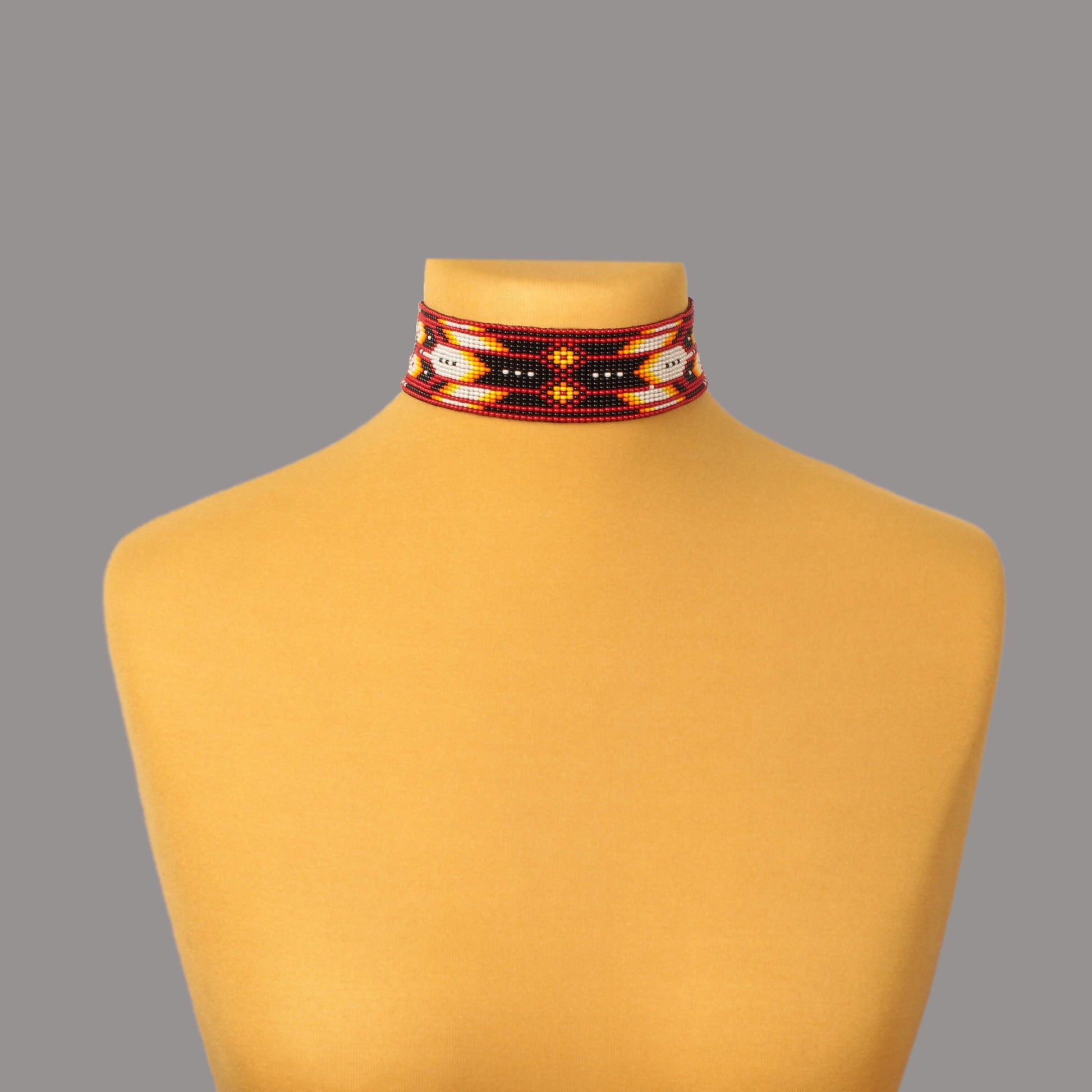 Red Beaded Choker Necklace: Feather Design, Czech Beads