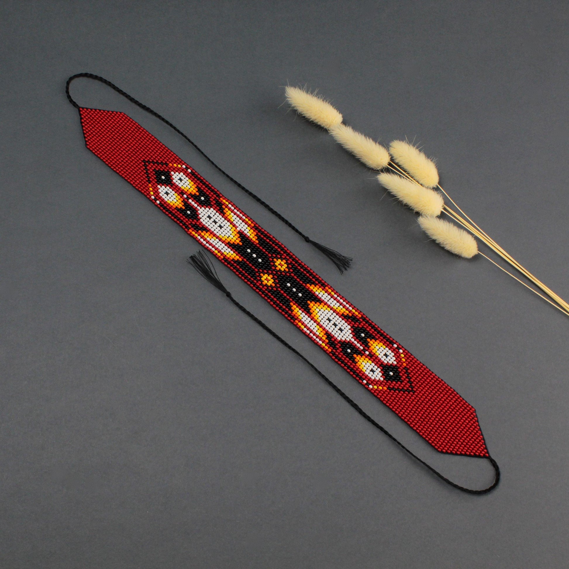 Red Beaded Choker Necklace: Feather Design, Czech Beads