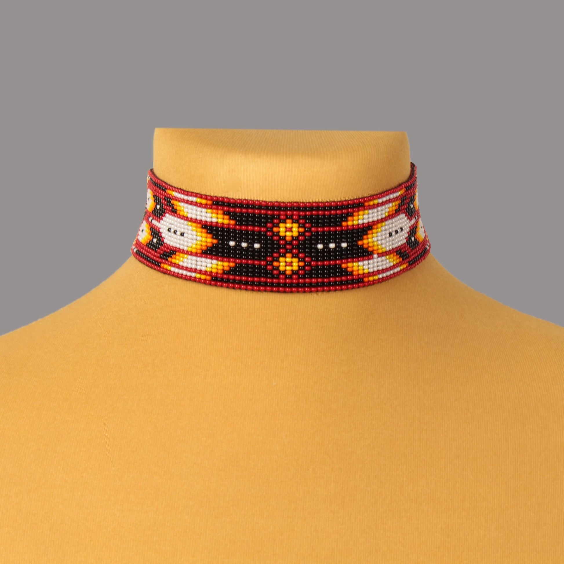 Red Beaded Choker Necklace: Feather Design, Czech Beads