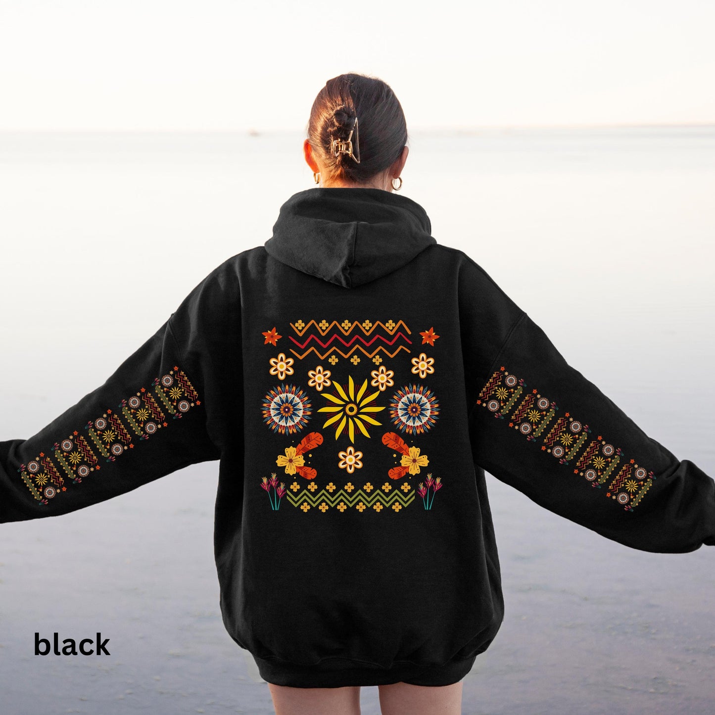 Ojibwe Floral Hoodie, Indigenous Tribal Flower Pattern Hooded Sweatshirt, Colorful Native American Clothing, Unisex Trendy Oversized Hoodie