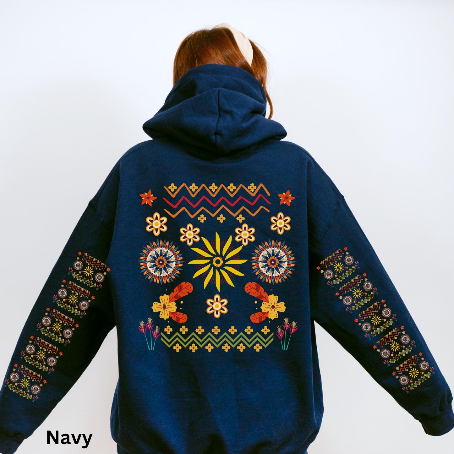 Ojibwe Floral Hoodie, Indigenous Tribal Flower Pattern Hooded Sweatshirt, Colorful Native American Clothing, Unisex Trendy Oversized Hoodie