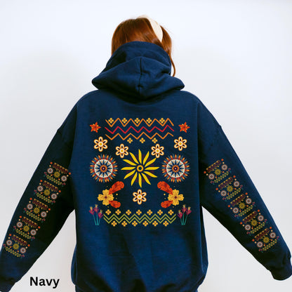 Ojibwe Floral Hoodie, Indigenous Tribal Flower Pattern Hooded Sweatshirt, Colorful Native American Clothing, Unisex Trendy Oversized Hoodie