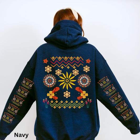 Ojibwe Floral Hoodie, Indigenous Tribal Flower Pattern Hooded Sweatshirt, Colorful Native American Clothing, Unisex Trendy Oversized Hoodie