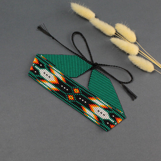 Red Beaded Choker Necklace: Feather Design, Czech Beads