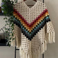 Ladies, Women'S, Hippie, Boho, Crocheted, Fringed, Retro , Festival Outfit, Pullover Poncho