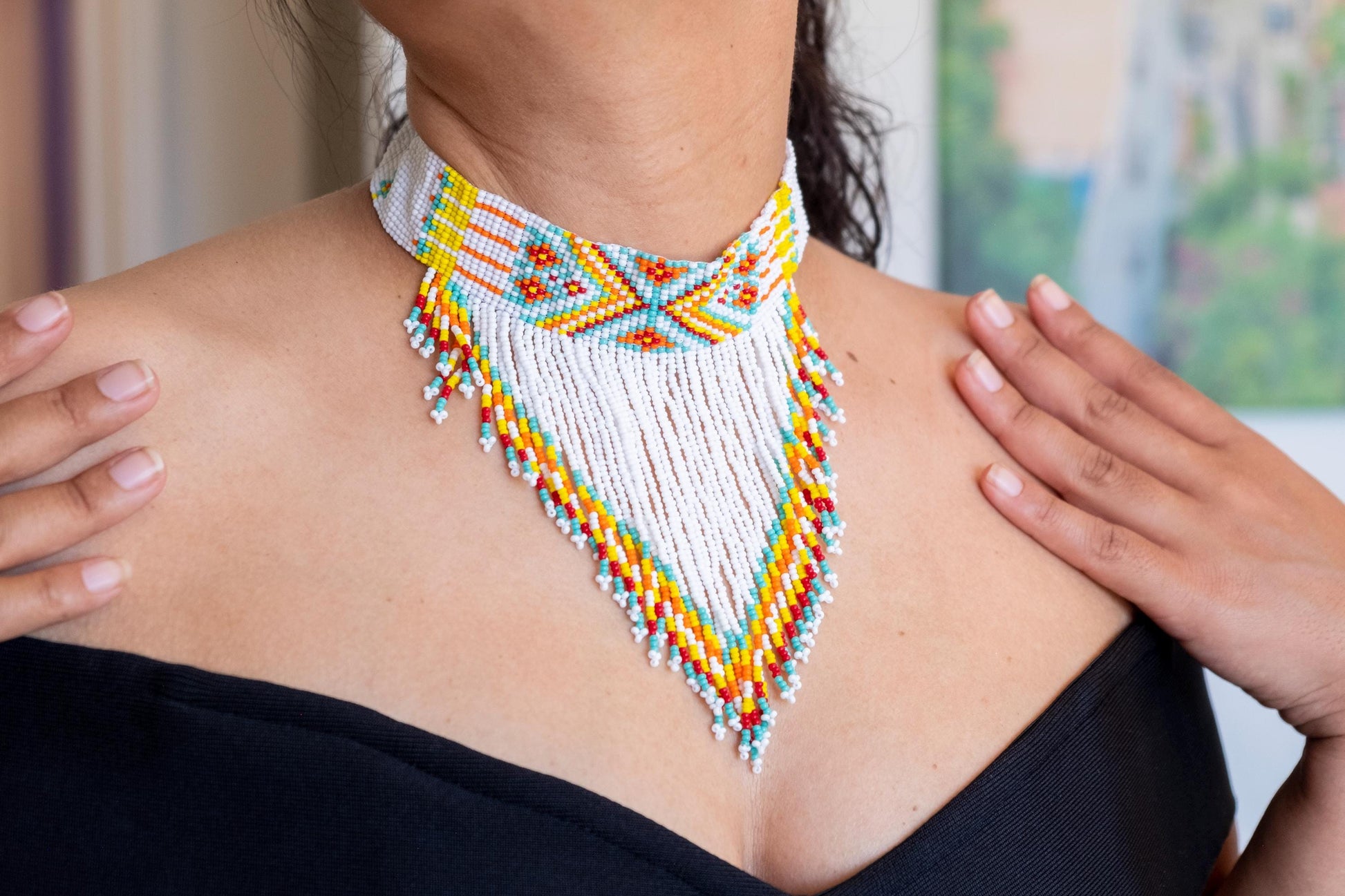 Handmade Beaded Choker Necklace - Traditional Mexican Huichol Style-Aztec Princess
