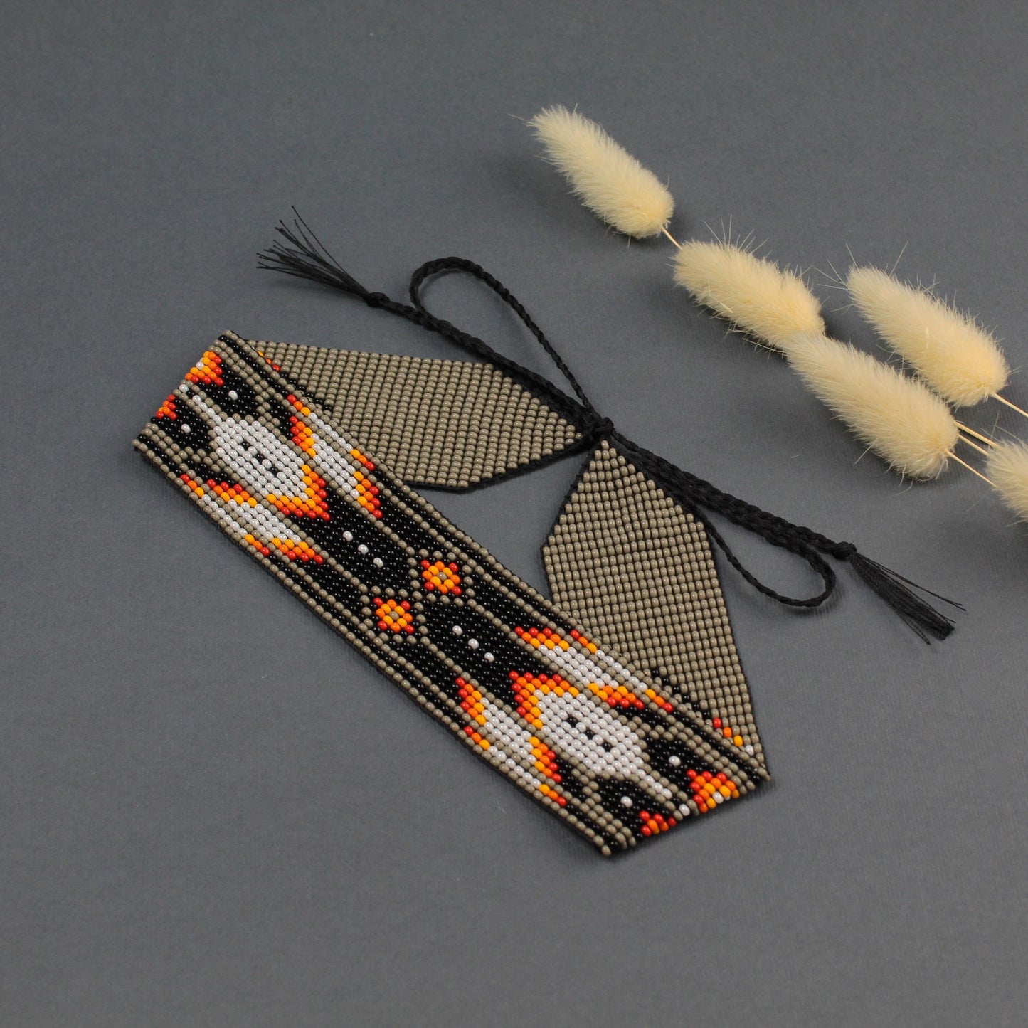 Red Beaded Choker Necklace: Feather Design, Czech Beads