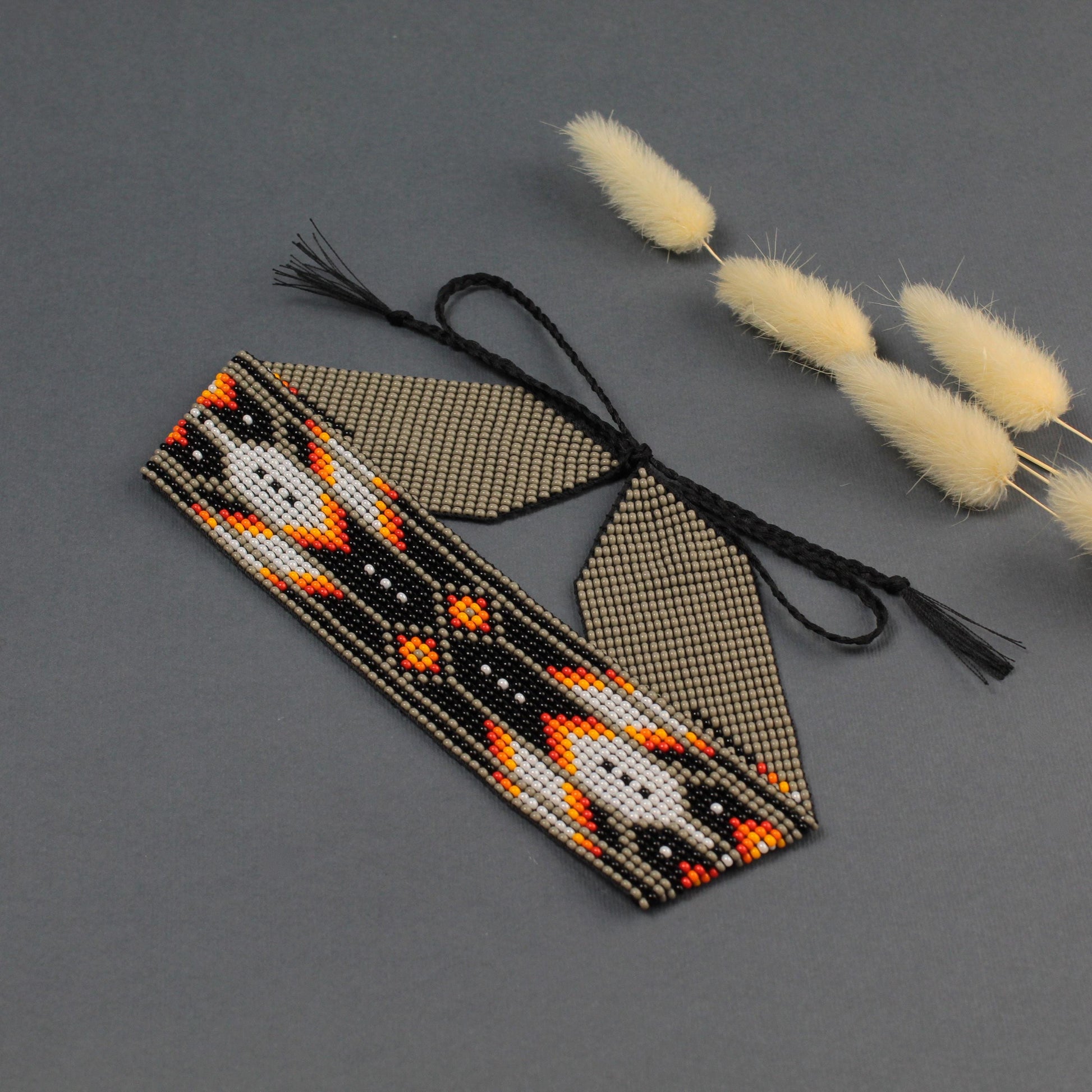 Red Beaded Choker Necklace: Feather Design, Czech Beads