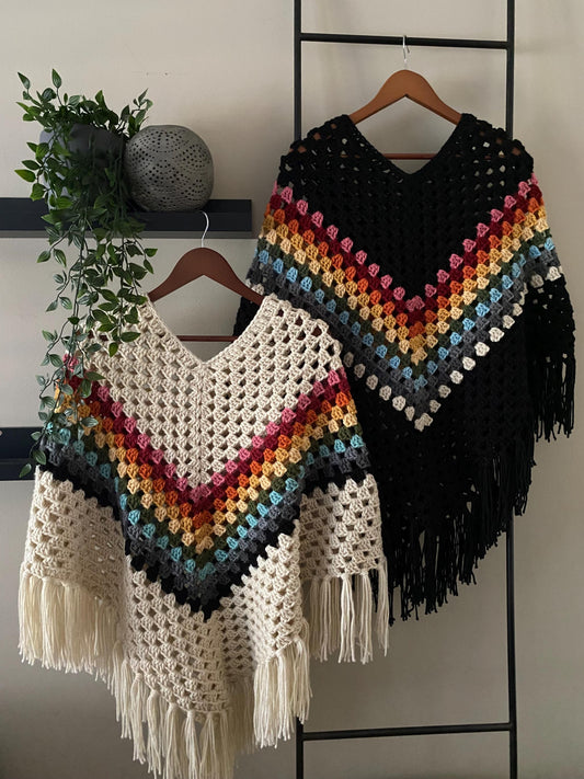 Ladies, Women'S, Hippie, Boho, Crocheted, Fringed, Retro , Festival Outfit, Pullover Poncho