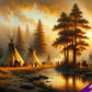 Native American Indian Tribe Camp Sunset Painting Real Canvas Art Print 12"X18"