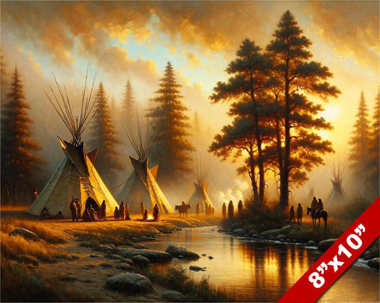 Native American Indian Tribe Camp Sunset Painting Real Canvas Art Print 12"X18"