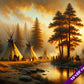 Native American Indian Tribe Camp Sunset Painting Real Canvas Art Print 12"X18"