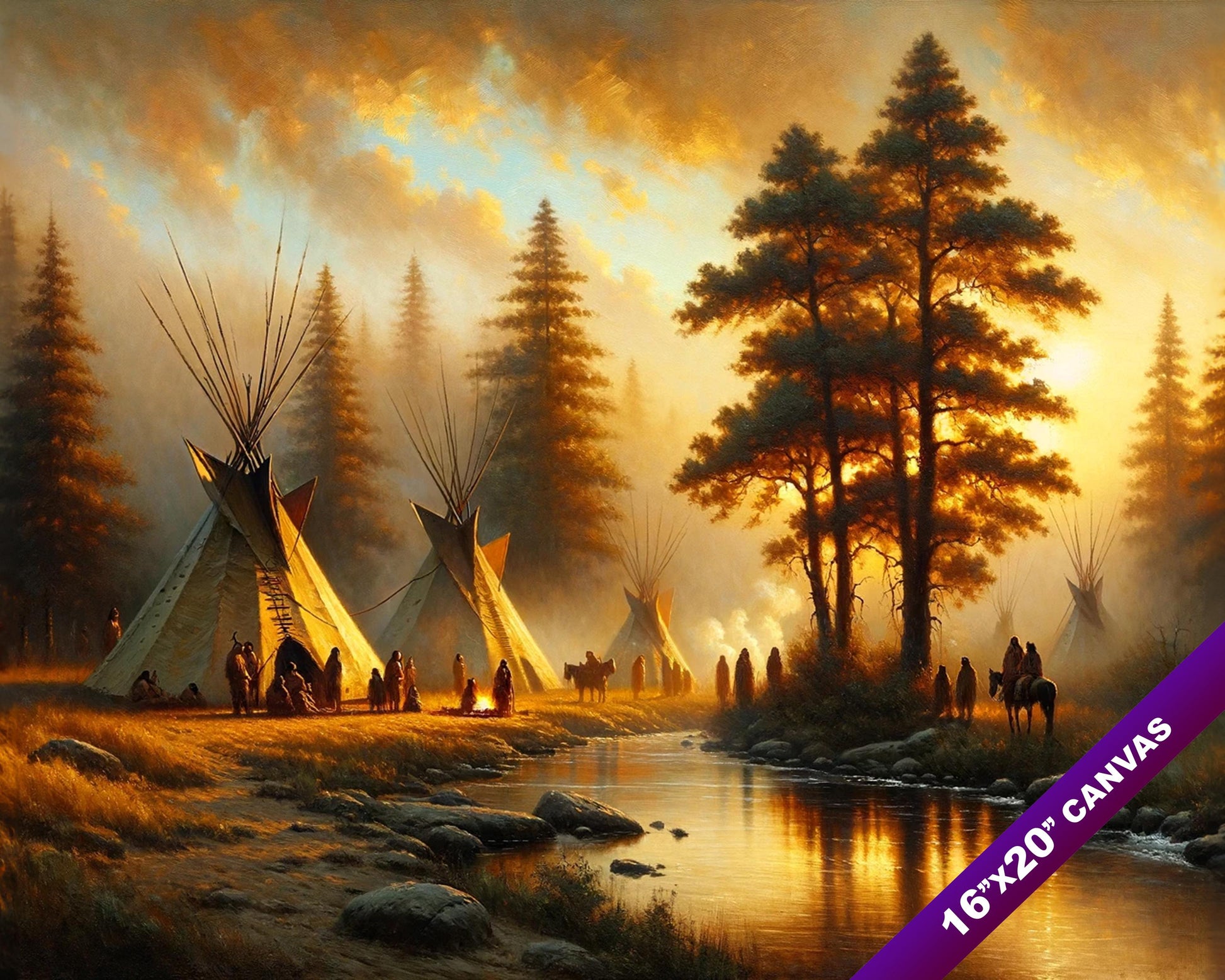 Native American Indian Tribe Camp Sunset Painting Real Canvas Art Print 12"X18"