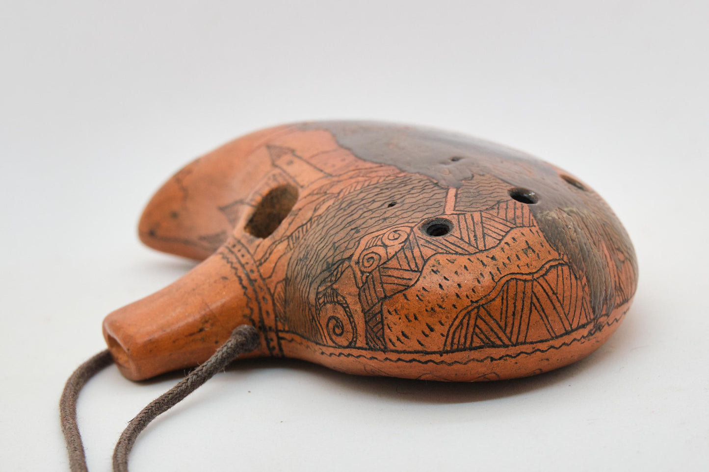 Ceramic Ocarina Raven and Castle. Clay Flute with Hand Engraving in Fantasy Style