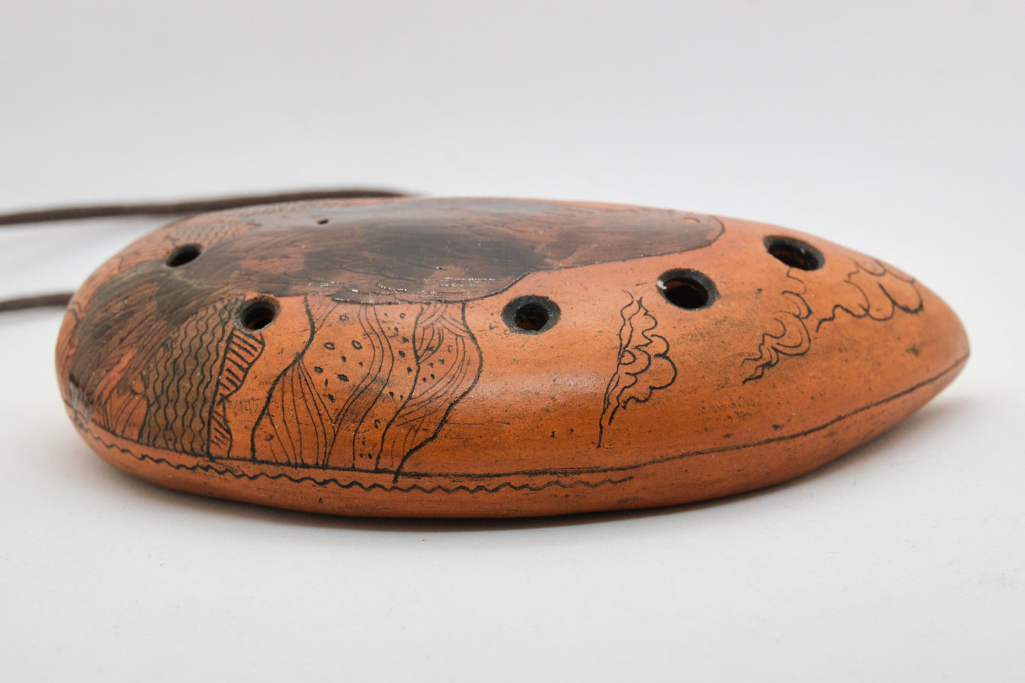 Ceramic Ocarina Raven and Castle. Clay Flute with Hand Engraving in Fantasy Style
