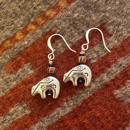 Spirit Bear Silver Earrings, Southwestern Totem Bear Dangle Earrings, Western Style Handmade Cowgirl Jewelry, Native Design