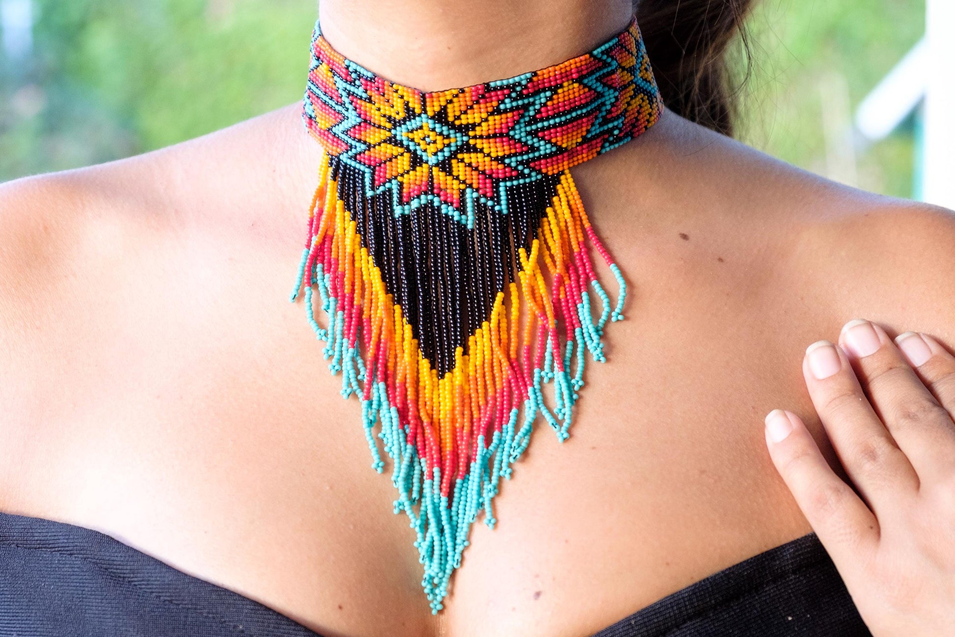 Handmade Beaded Choker Necklace - Traditional Mexican Huichol Style-Aztec Princess