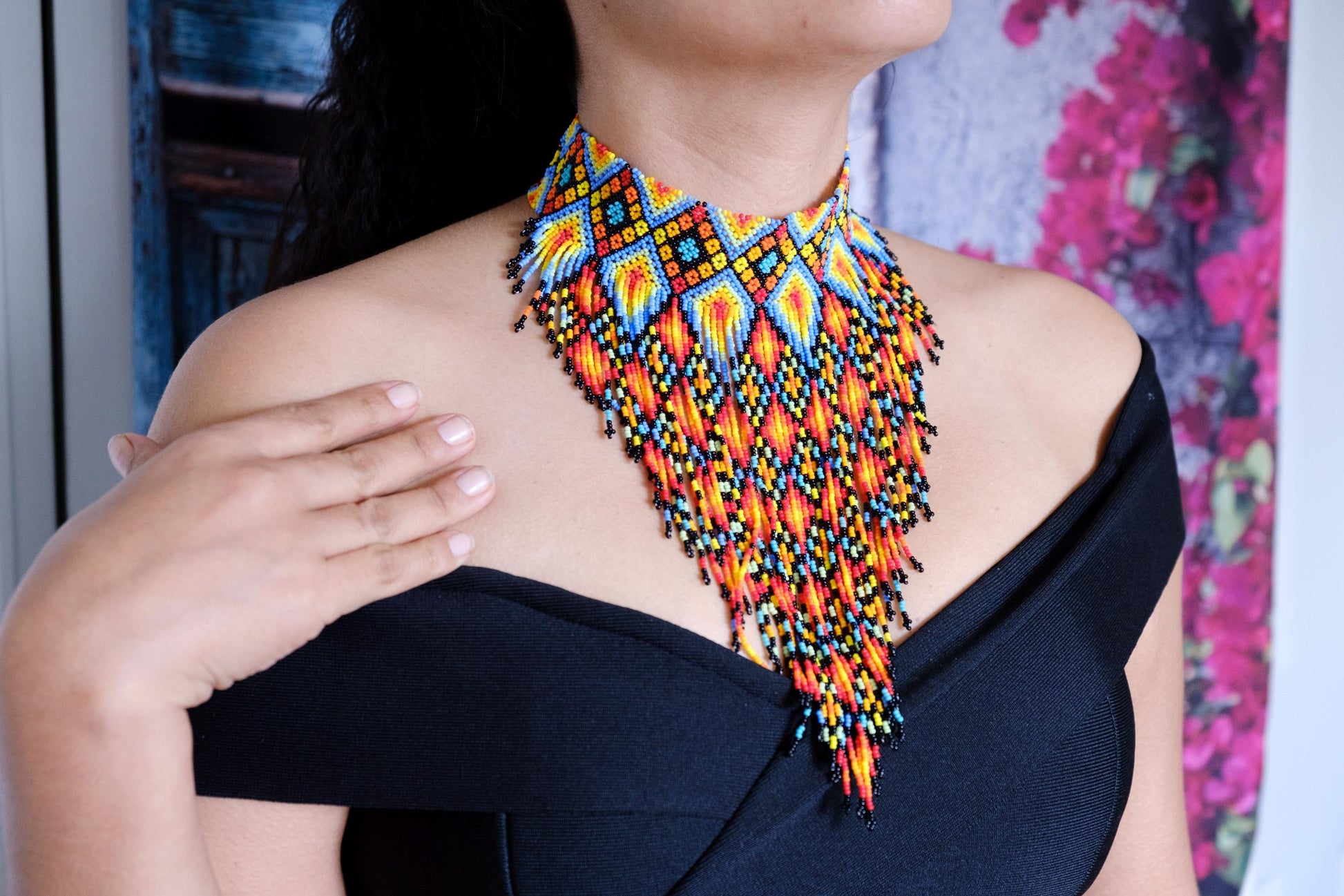 Handmade Beaded Choker Necklace - Traditional Mexican Huichol Style-Aztec Princess