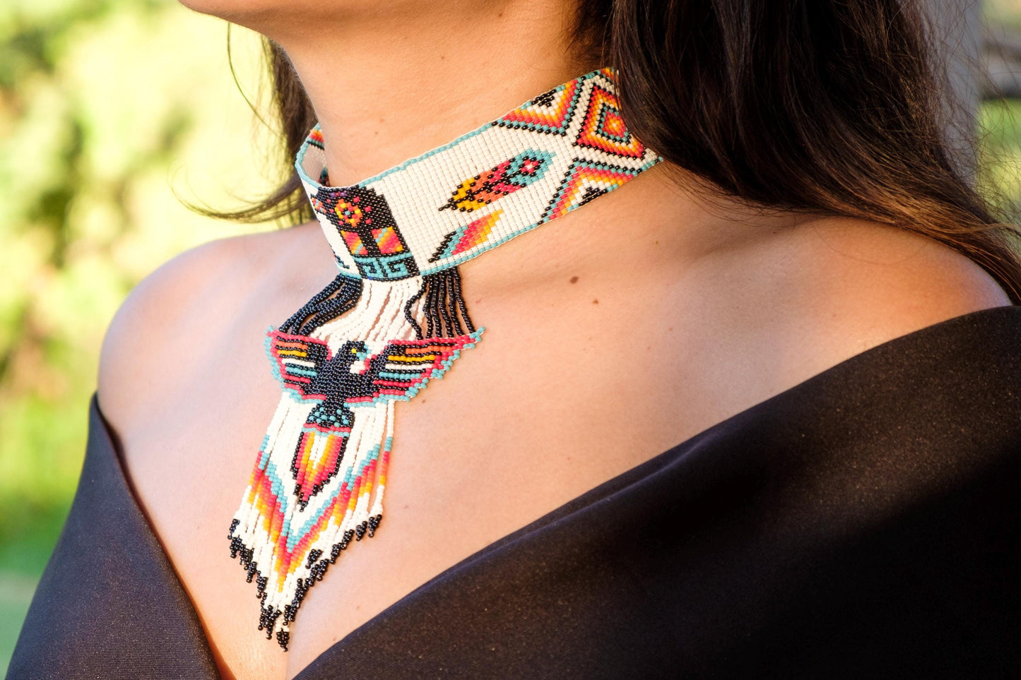 Handmade Beaded Choker Necklace - Traditional Mexican Huichol Style-Aztec Princess