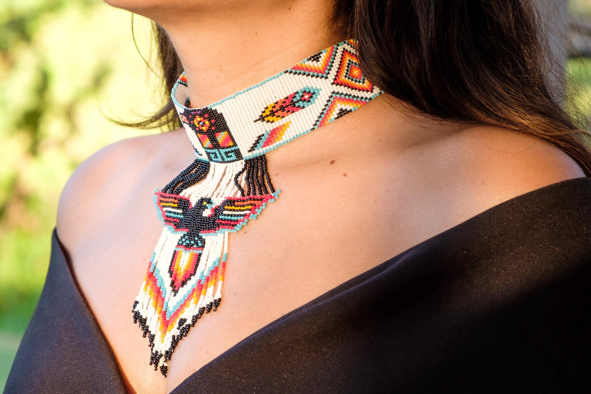 Handmade Beaded Choker Necklace - Traditional Mexican Huichol Style-Aztec Princess