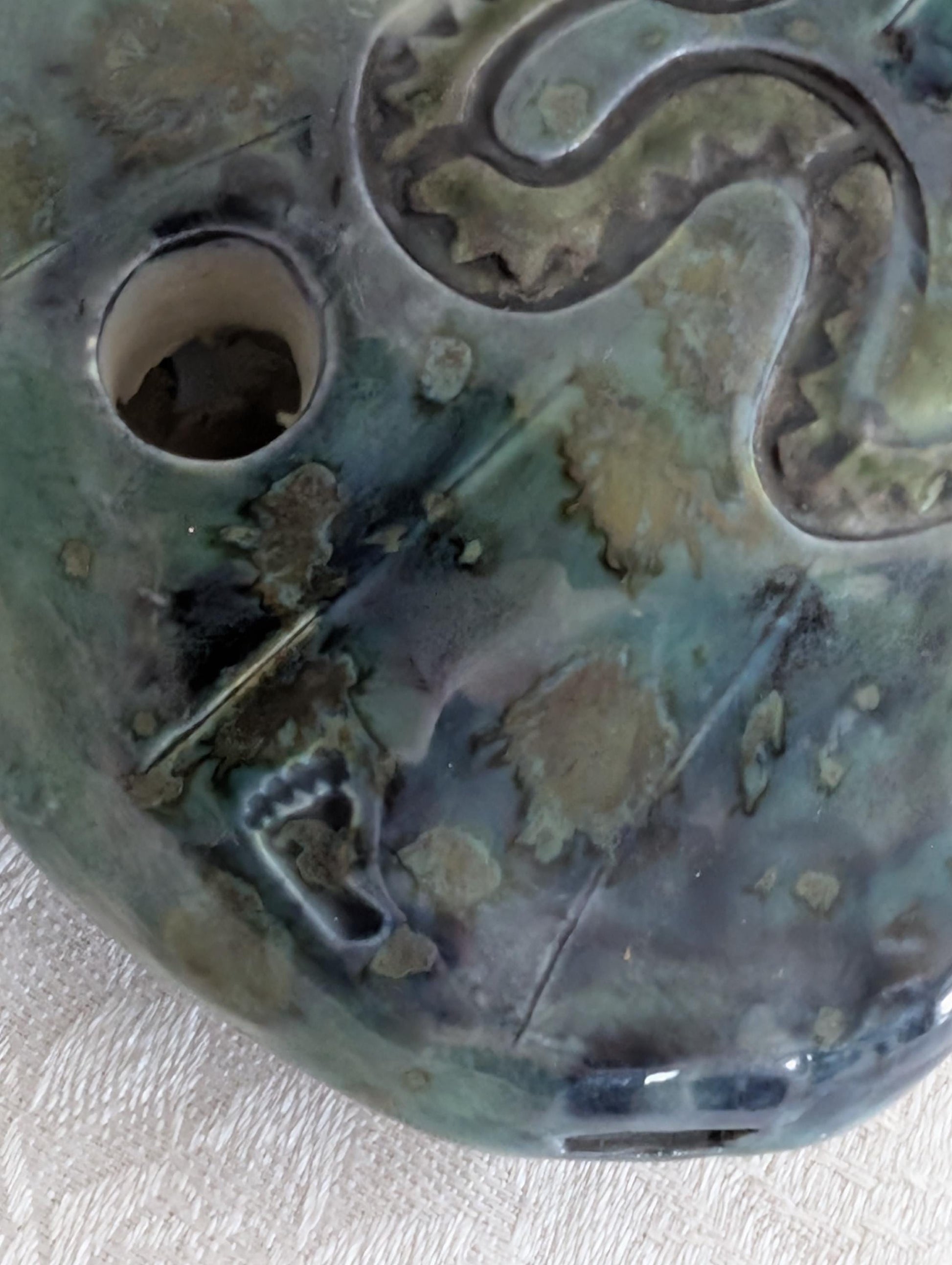 Vintage Artisan-Made 5-Hole Flute, Whistle, Ocarina, Southwest Theme, Snake, Cactus, Footprint