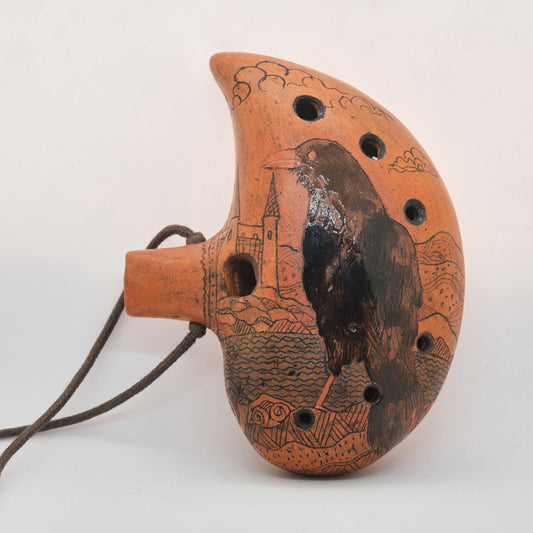 Ceramic Ocarina Raven and Castle. Clay Flute with Hand Engraving in Fantasy Style