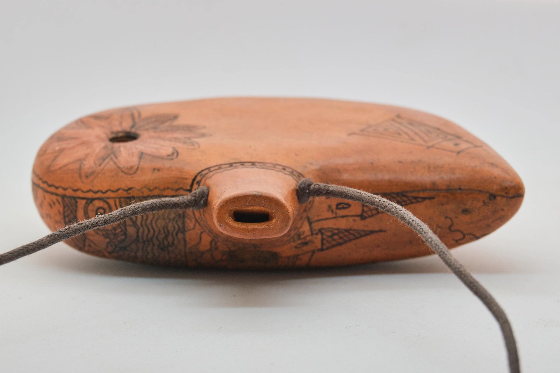 Ceramic Ocarina Raven and Castle. Clay Flute with Hand Engraving in Fantasy Style