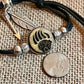 Native American Bear Symbol Wood Engraved Metal Bezel Pendant Adjustable Black Cord Bracelet with Metal Beads and Charms