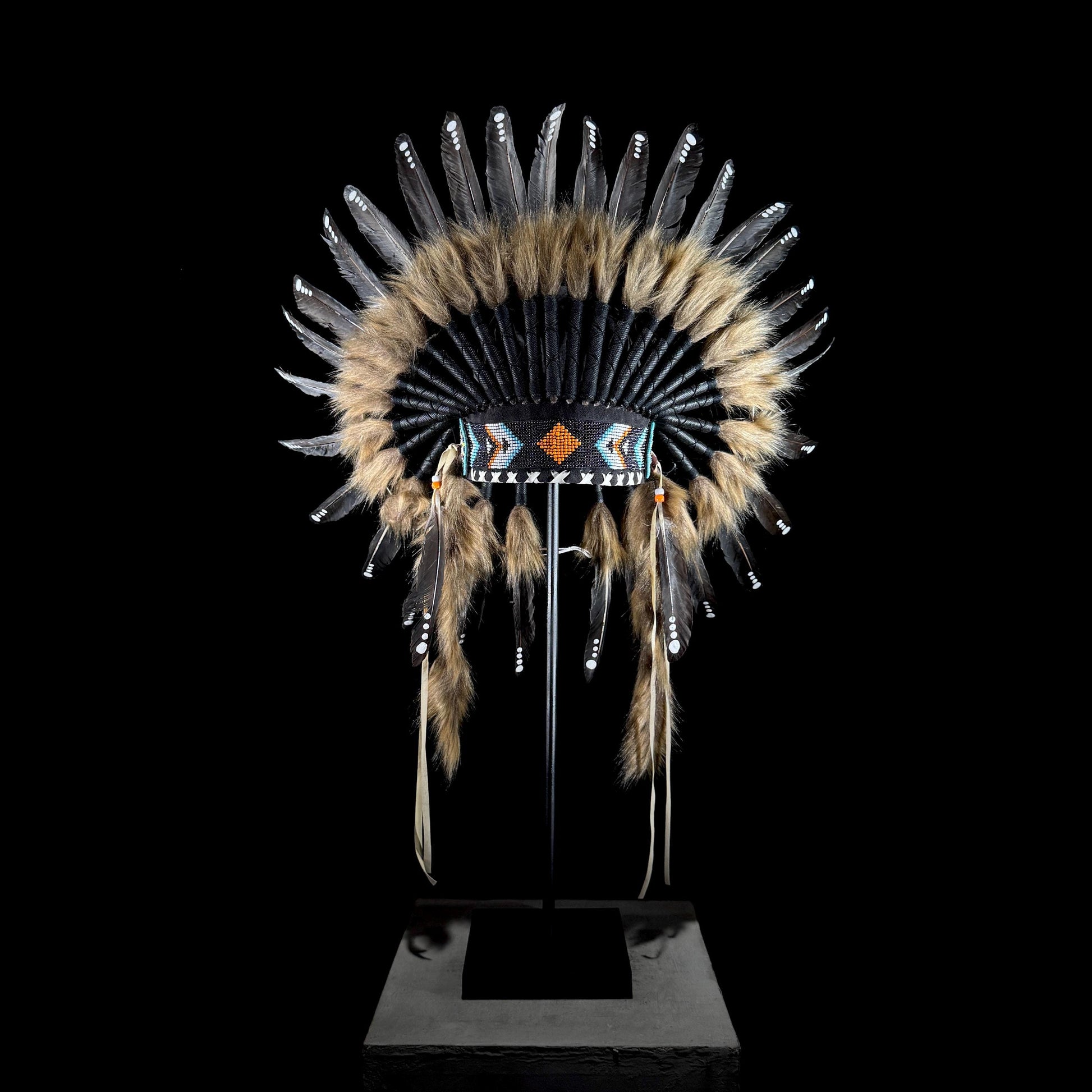 STAND INCLUDED - Stunning Black Tan Native American Indian Headdress War Bonnet | Short Length | Modern Tribal Art, Native Style Decor