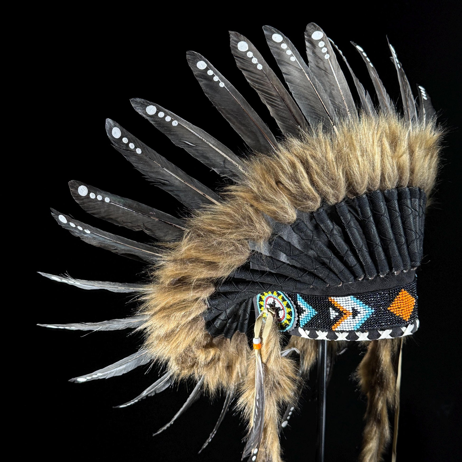 STAND INCLUDED - Stunning Black Tan Native American Indian Headdress War Bonnet | Short Length | Modern Tribal Art, Native Style Decor