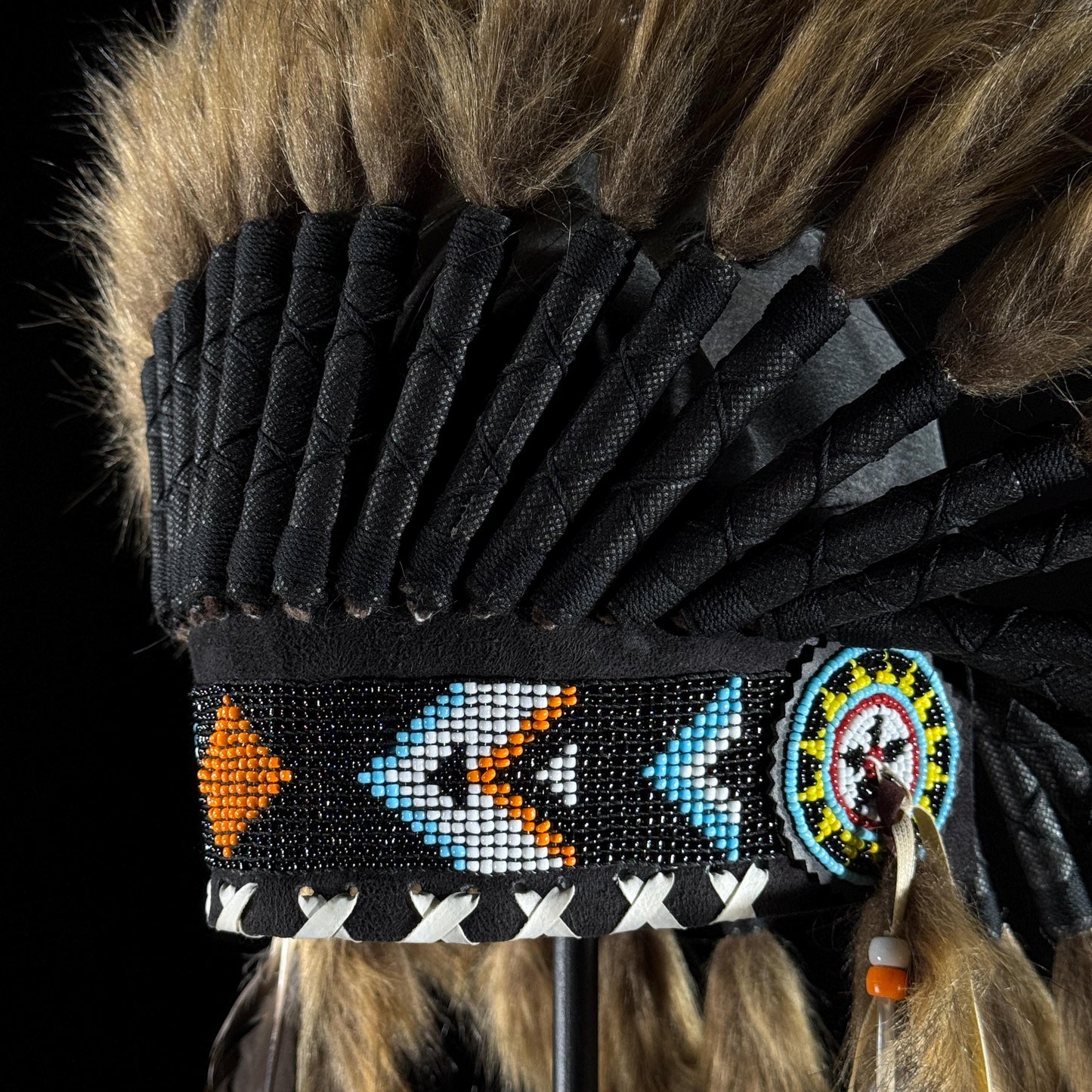 STAND INCLUDED - Stunning Black Tan Native American Indian Headdress War Bonnet | Short Length | Modern Tribal Art, Native Style Decor