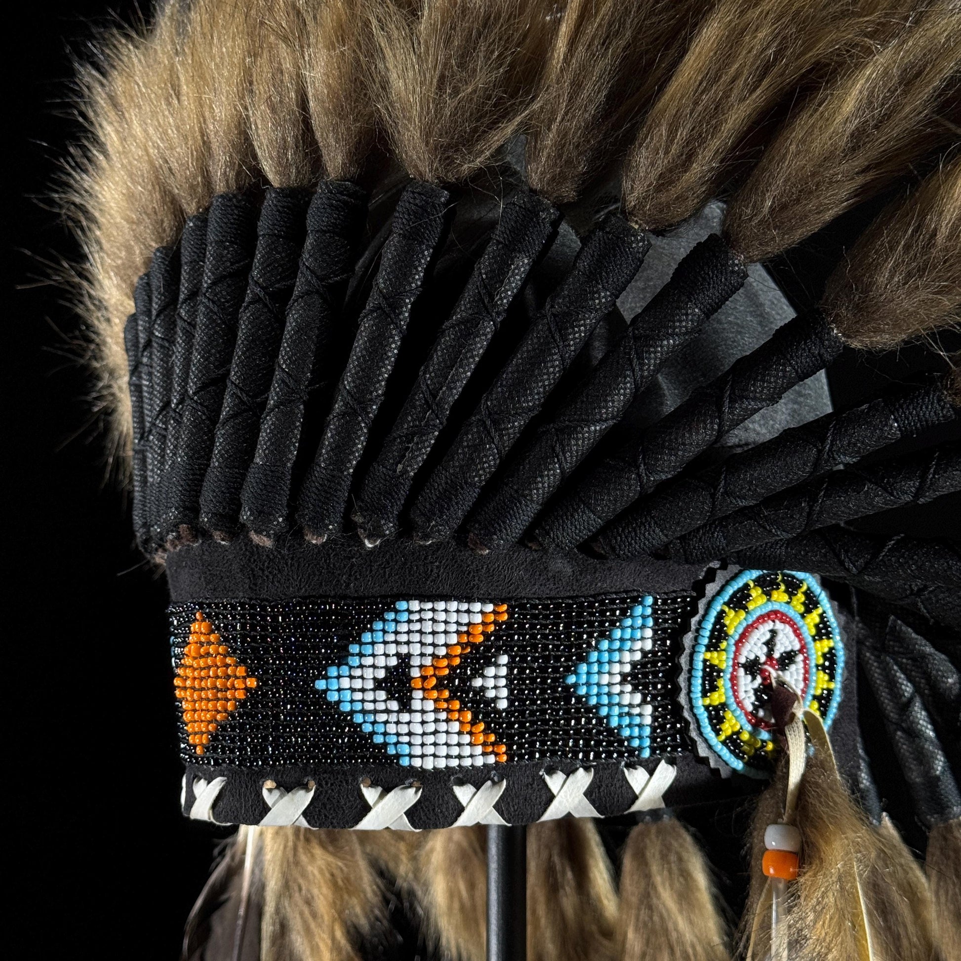 STAND INCLUDED - Stunning Black Tan Native American Indian Headdress War Bonnet | Short Length | Modern Tribal Art, Native Style Decor